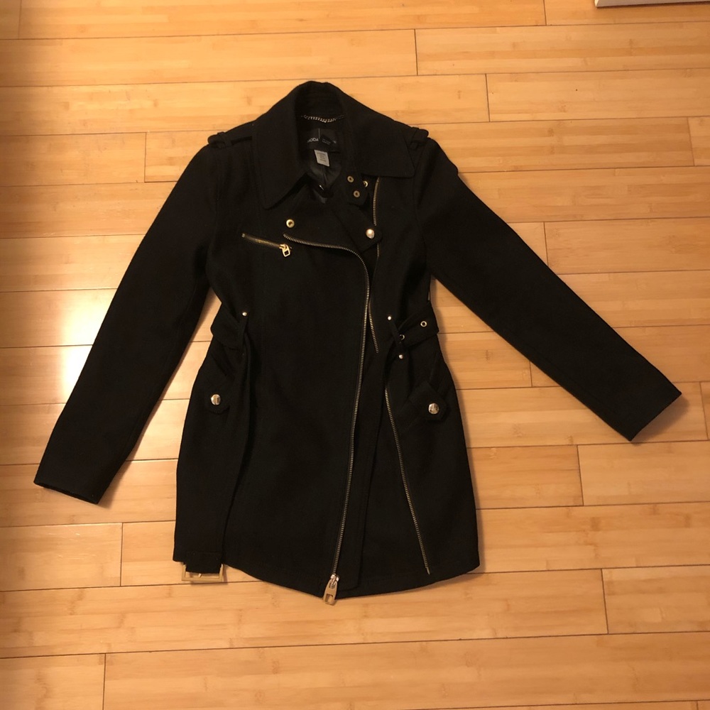 Black wool coat with moto style detail